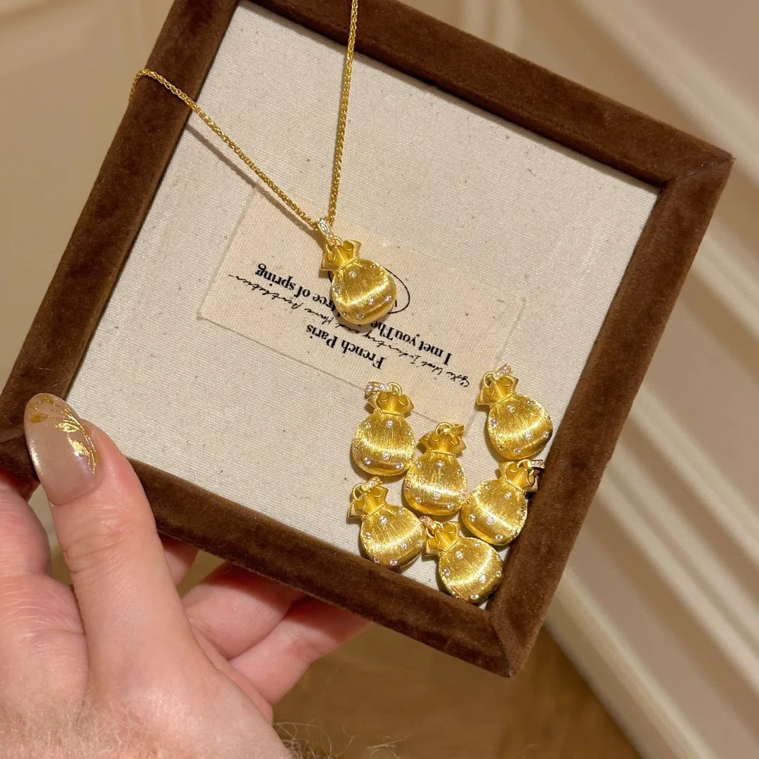 Luxury 24K 9999 Pure Gold real gold Point Drill Brushed Bag Pendant Necklace Women's Clavicle Chain
