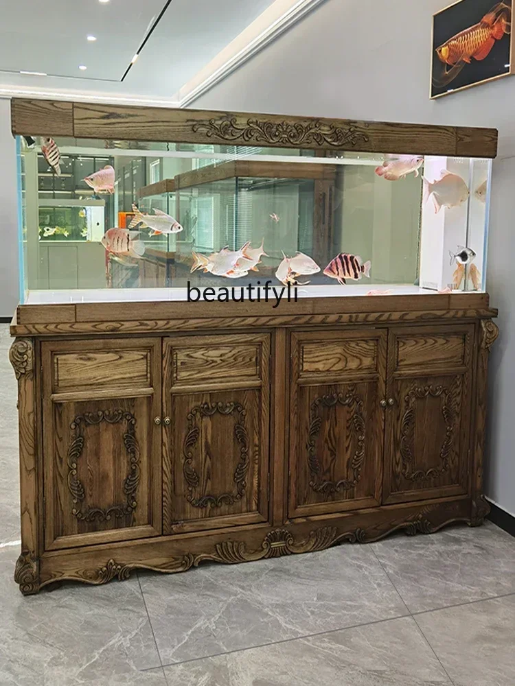 

ss7486 new styleSolid Wood Fish Tank Living Room Large Bottom Filter Padauk New Chinese Aquarium Super White Dragon Fish Tank