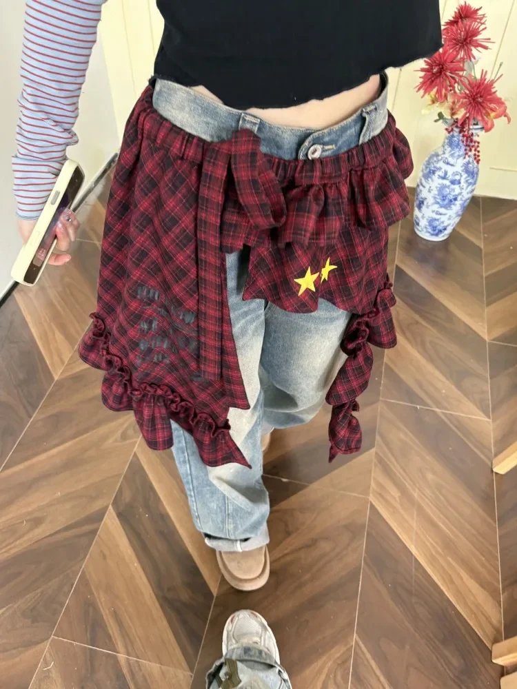 

High Street Plaid Star Printed Irregular Ruffle Skirt Women Summer Lace Up Waist Overlap Mini Skirts Falda Aesthetic