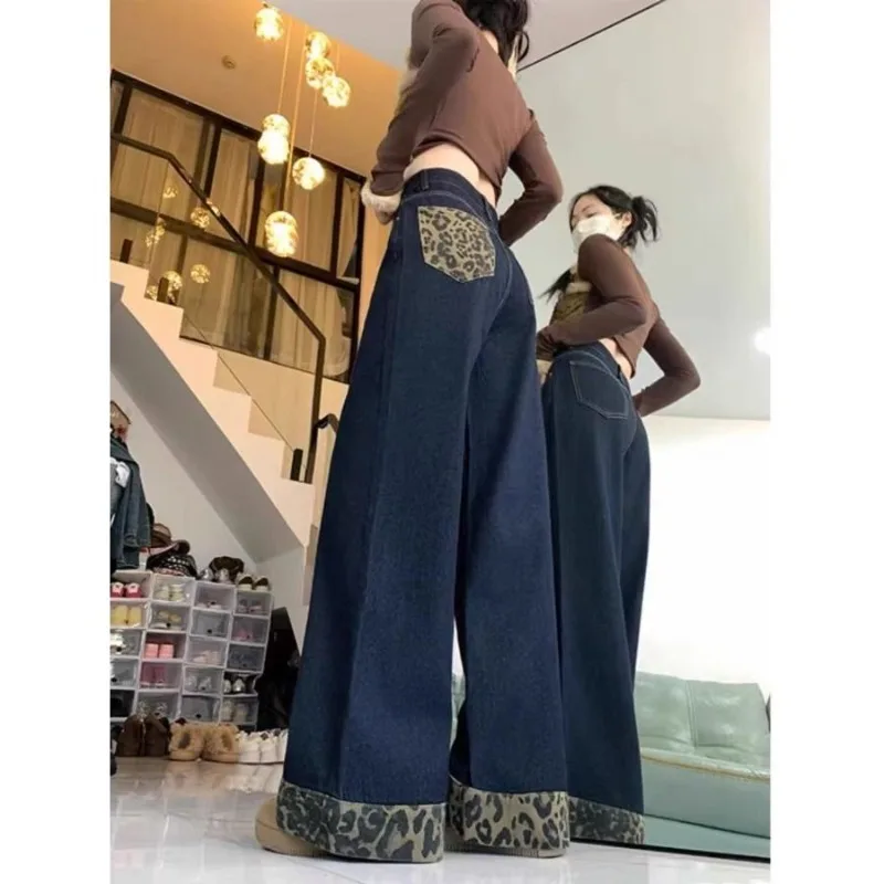New Spring and Autumn Women's Leopard Print Jeans, Plus-size and Plump Girls Retro Floor-length Loose Slimming Wide-leg Pants