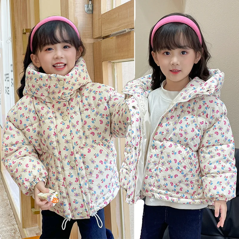 

Girls Floral Hooded Down Cotton Gials Clothing Winter Jacket Children Thickened Baby Cotton Jacket Kids Clothes Girls