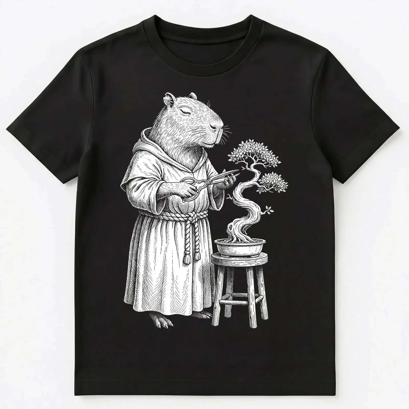 Capybara Monk Pruning Whisperer Art T Shirt vintage Washed streetwear graphic Comfortable Top For Everyday Wear