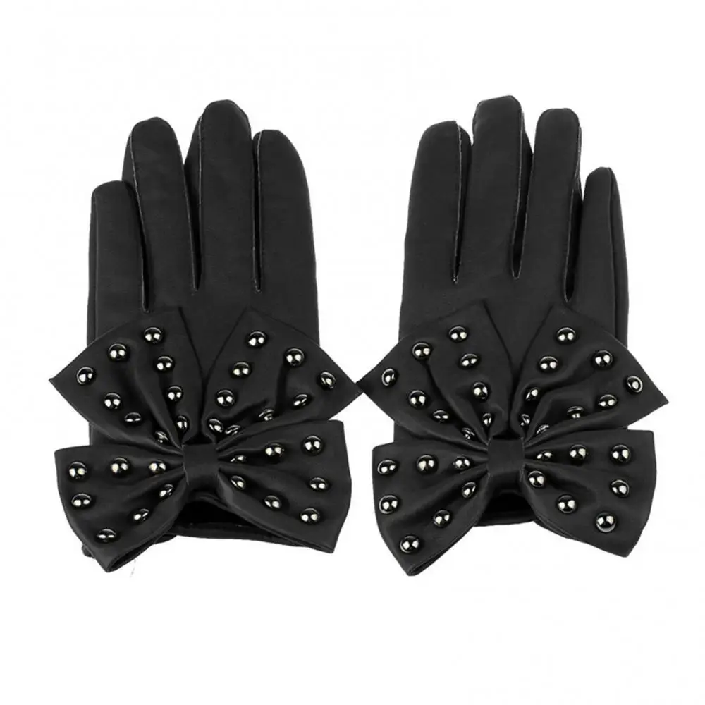 Fashion Motorcycle Women Gloves Rivets Big Bow Solid Color Faux Leather Outdoor Gloves Full Finger Durable Mittens