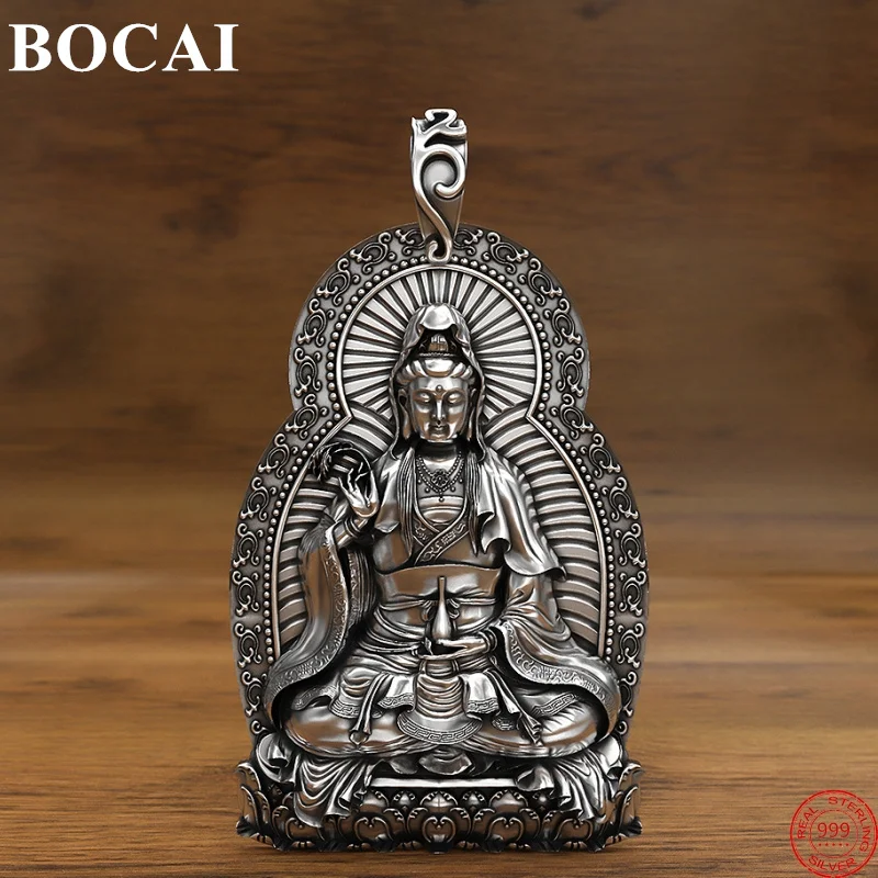 BOCAI S999 Sterling Silver Pendants for Women Men New Fashion Avalokitesvara Guardian Buddha Statue Amulet Jewelry Wholesale