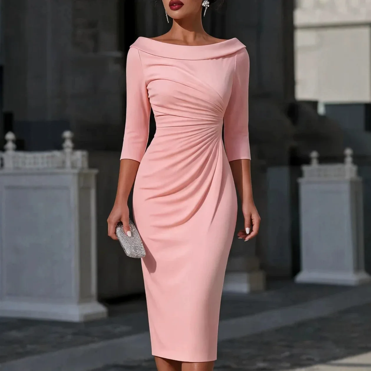 Women Autumn Elegant boat neck 2/3 Sleeve Work Office Knee Length Solid Business Casual Party Ruched Pencil Bodycon Sheath Dress