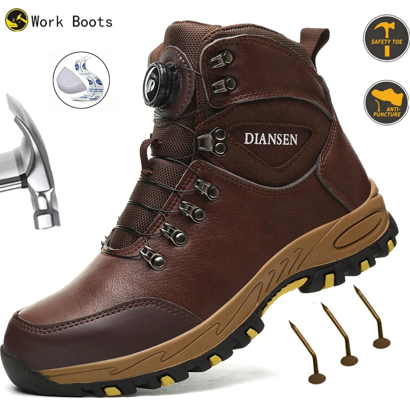 Rubber soles non-slip Work Boots for Men Rotating Button Safety Shoes Steel Toe Sneaker Male Puncture Proof Protective Boots
