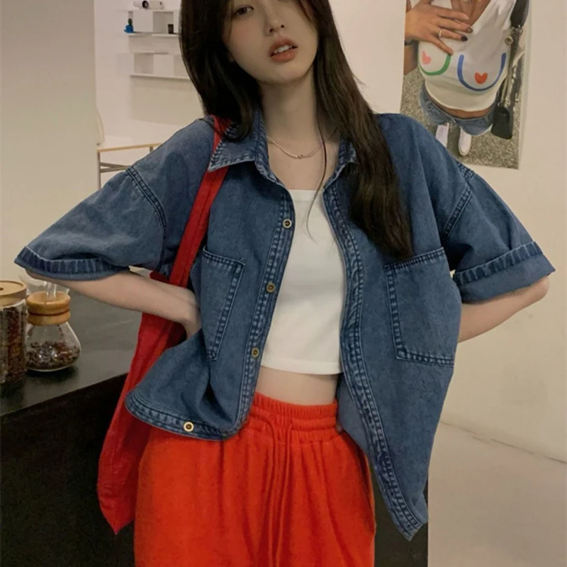 Rimocy Korean Denim Short Sleeve Shirts Woman 2024 Summer Pockets Single Breasted Jacket Woman Blue Jean Casual Blouse Female