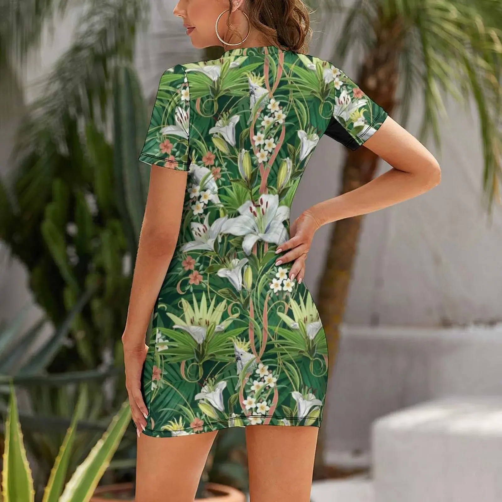Tropical Art Nouveau Lilies and Cockatoos Pattern Short-Sleeved Dress dresses for womens luxury woman evening dress Dress