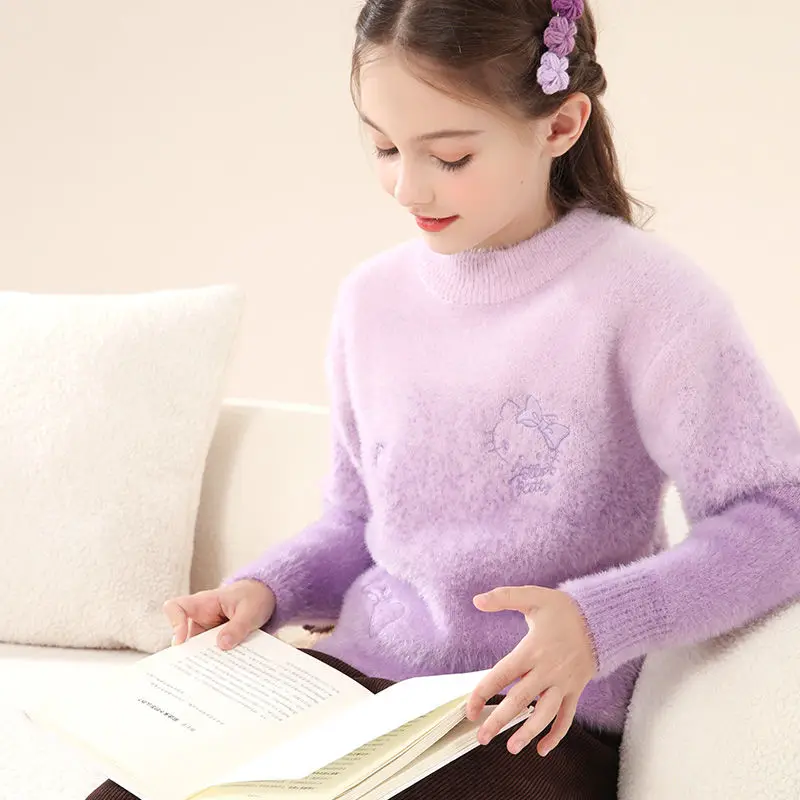 Sanrio Anime Hello Kitty Sweater Bottoming Shirt for Girls Autumn and Winter Round Neck Warm Top Soft and Comfortable Sweater