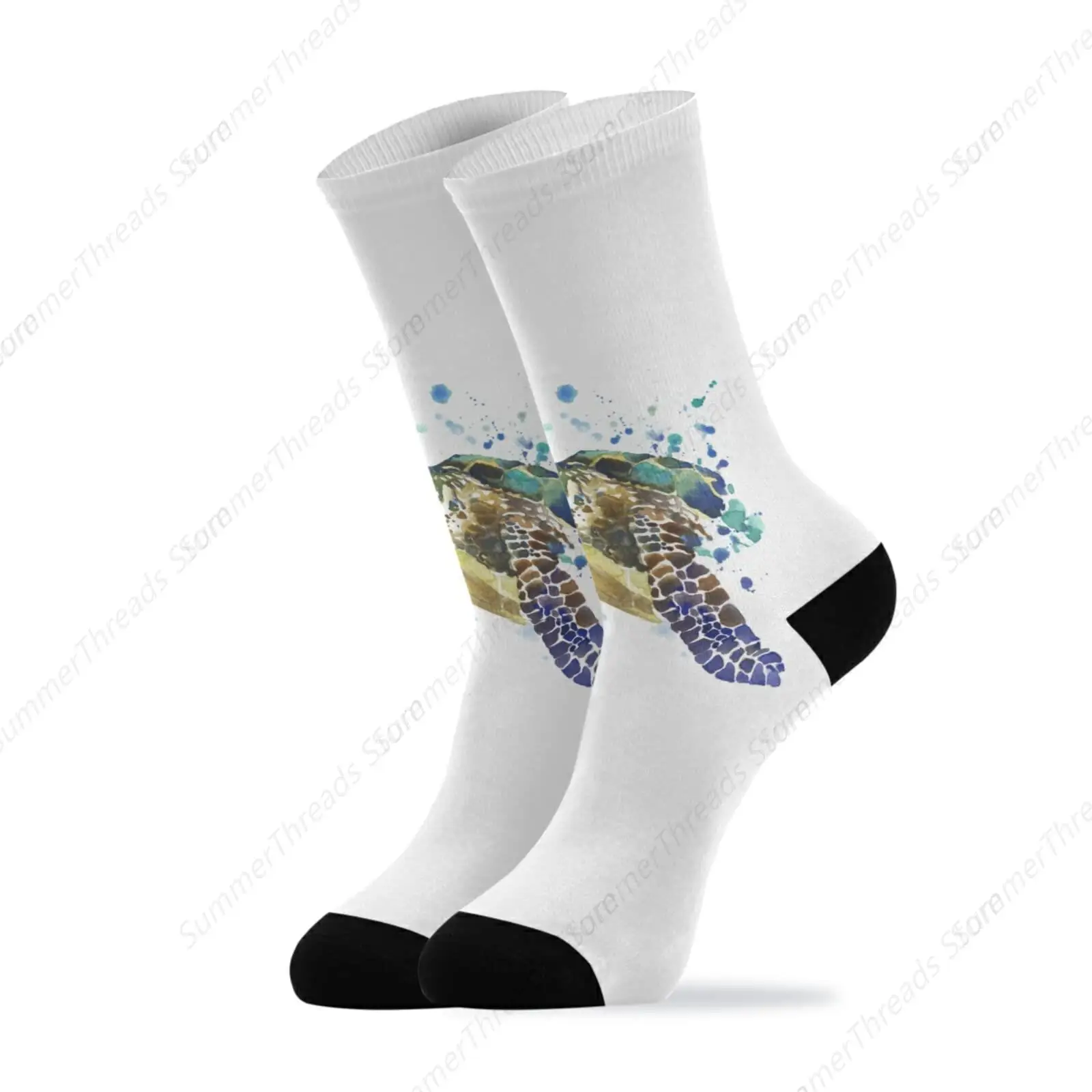 Cute Sea Turtle Watercolor Marine Animal on White Unisex Long Casual Socks Athletic Crew Socks for Women Men