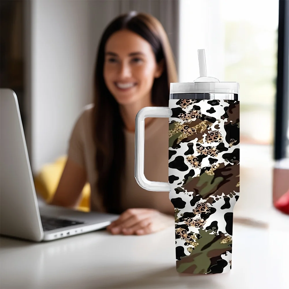 Trendy Mixed Cow Leopard And Camouflage Print Portable Daily Drinking Water Tumbler with Comfortable Handle And Reusable Straw