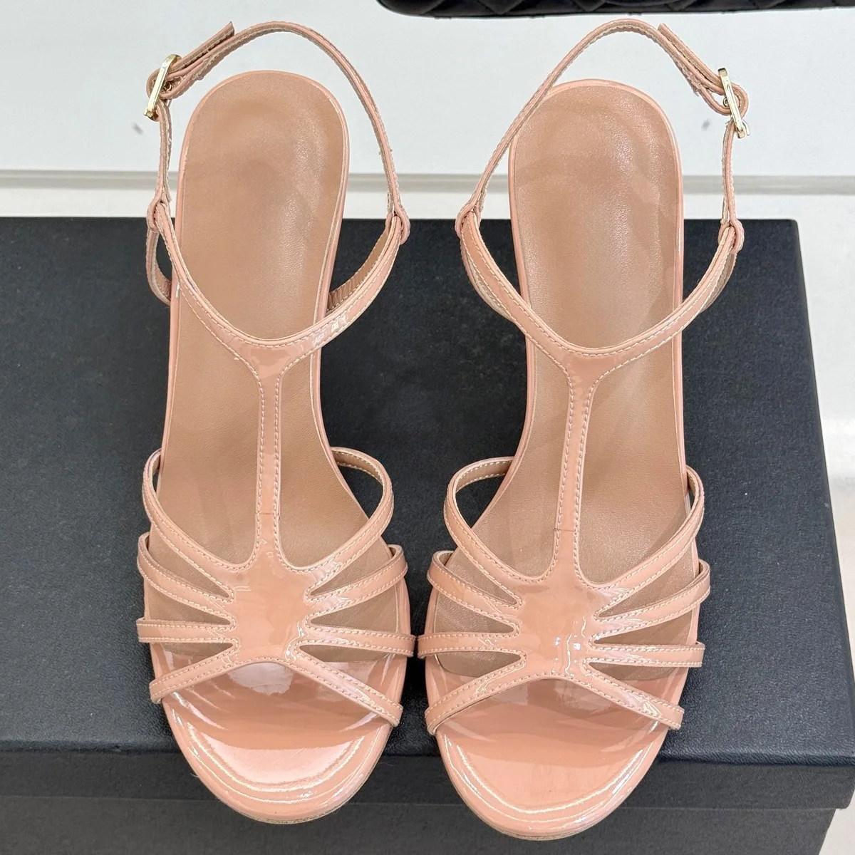

2026 Women's Patent Leather Cage T-Strap Heeled Sandals, Open-Toe Ankle Buckle Shoes, Chic Summer Heels YYT25110463