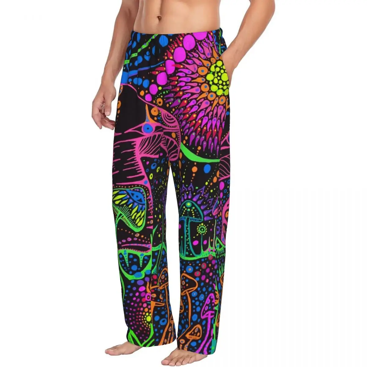 Custom Psychedelic Magic Rainbow Mushrooms Pajama Pants Sleepwear Elastic Waistband Mysterious Boho Sleep Bottoms with Pockets