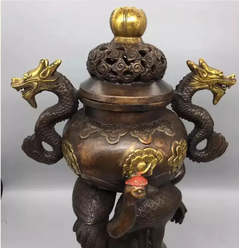 Metal copper gilded gold three crane ding dragon smoked incense burner decorations, home and office cultural and creative ornam