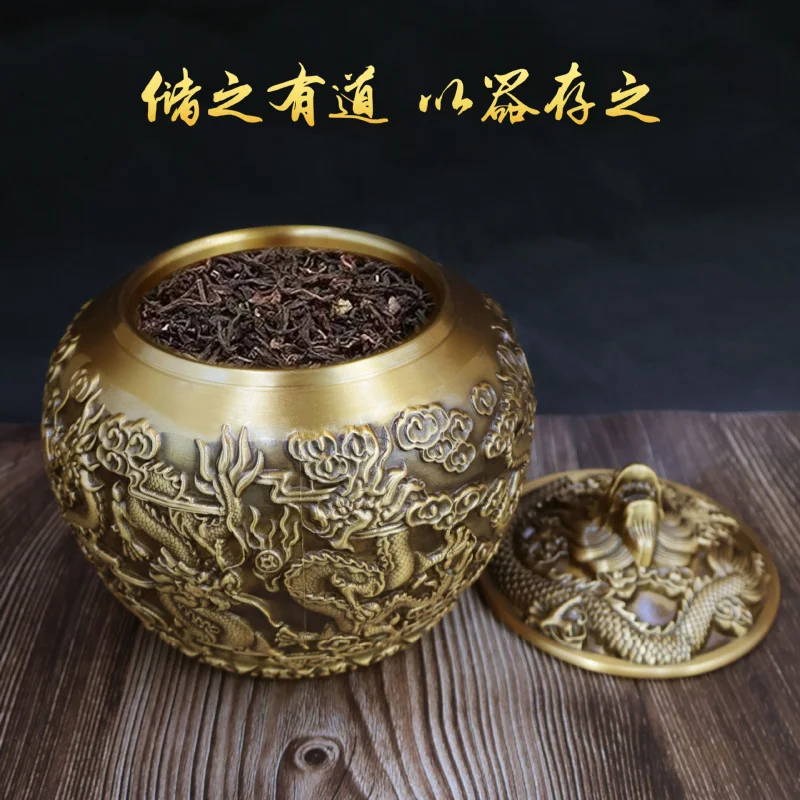 Brass Kowloon tea canister, sealed high-end metal office desktop pure copper ornament, metal decorative storage jar