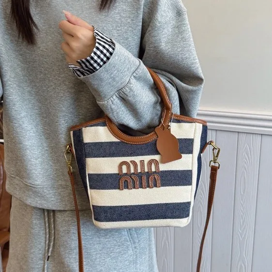 

2025 Retro Bowling Bag - Women's Striped Canvas Shoulder/Handheld/Underarm Bag, Vintage Summer Bag for Casual Outings