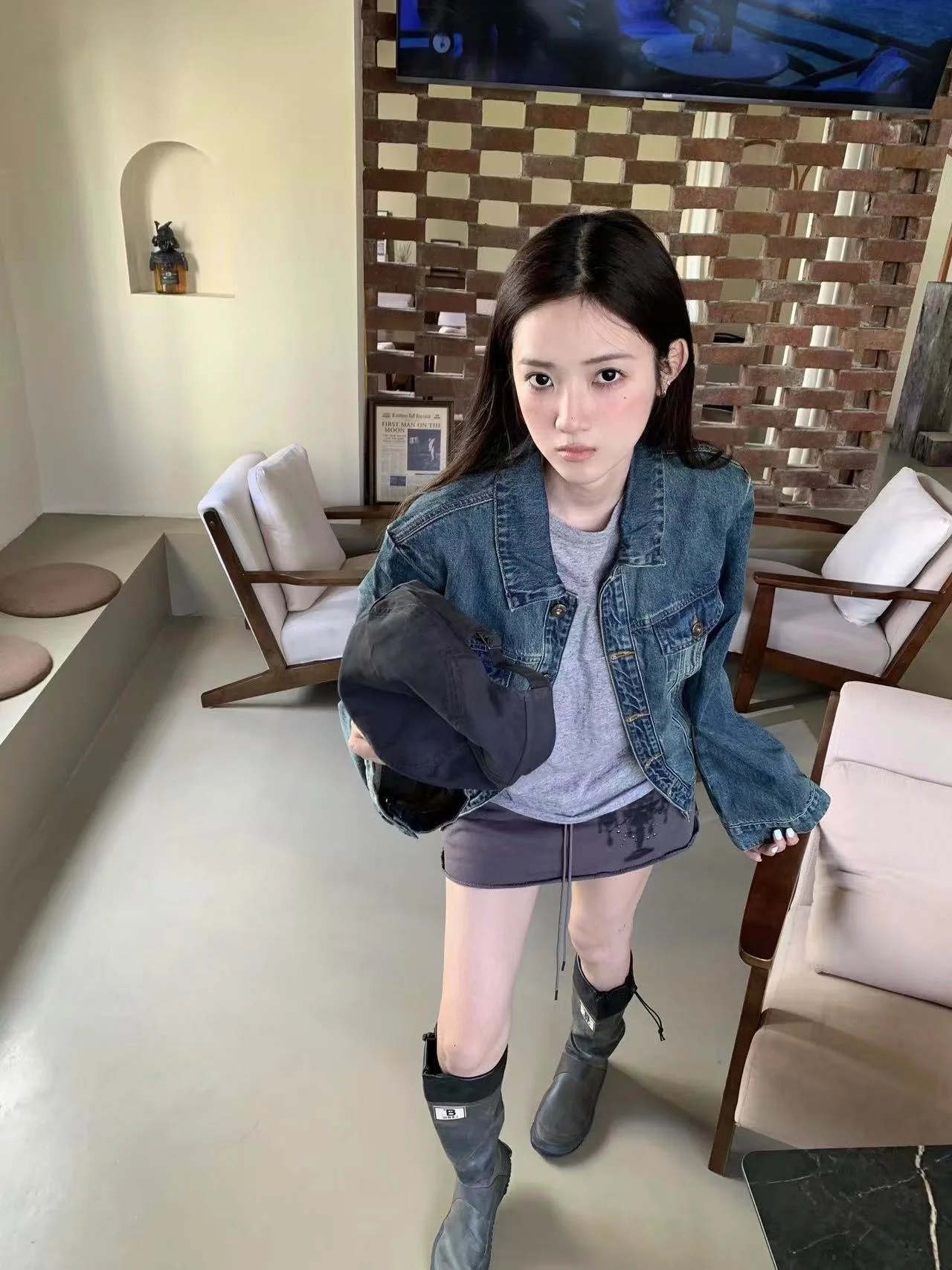 

Свободный женский джинсовый джинсовый тюнер в стиле ретро с тыквой трапециевидной формы, винтажный дизайн, наплечник, джет, хлопковый материал, застежка на пуговицы