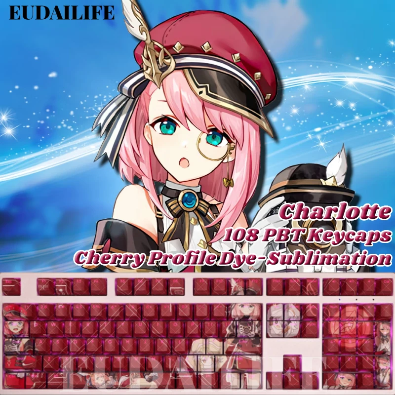 Charlotte 108 Keycap Genshin Impact Game PBT DYE Sublimation Light Transmitting Switch Cross Key Cover for Mechanical Keyboard