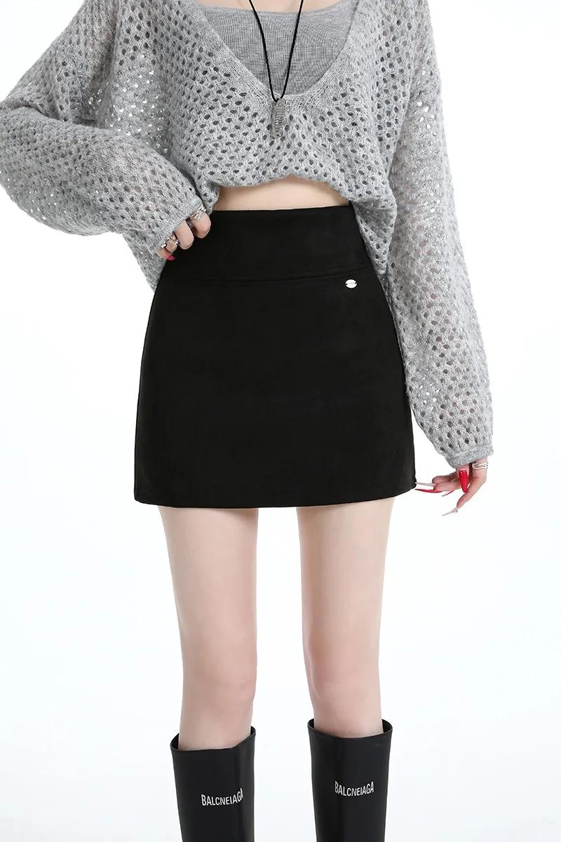 Outono inverno saia feminina pele de veado veludo cintura alta uma linha capa curta barriga meio corpo retro anti brilho emagrecimento hip abraçando