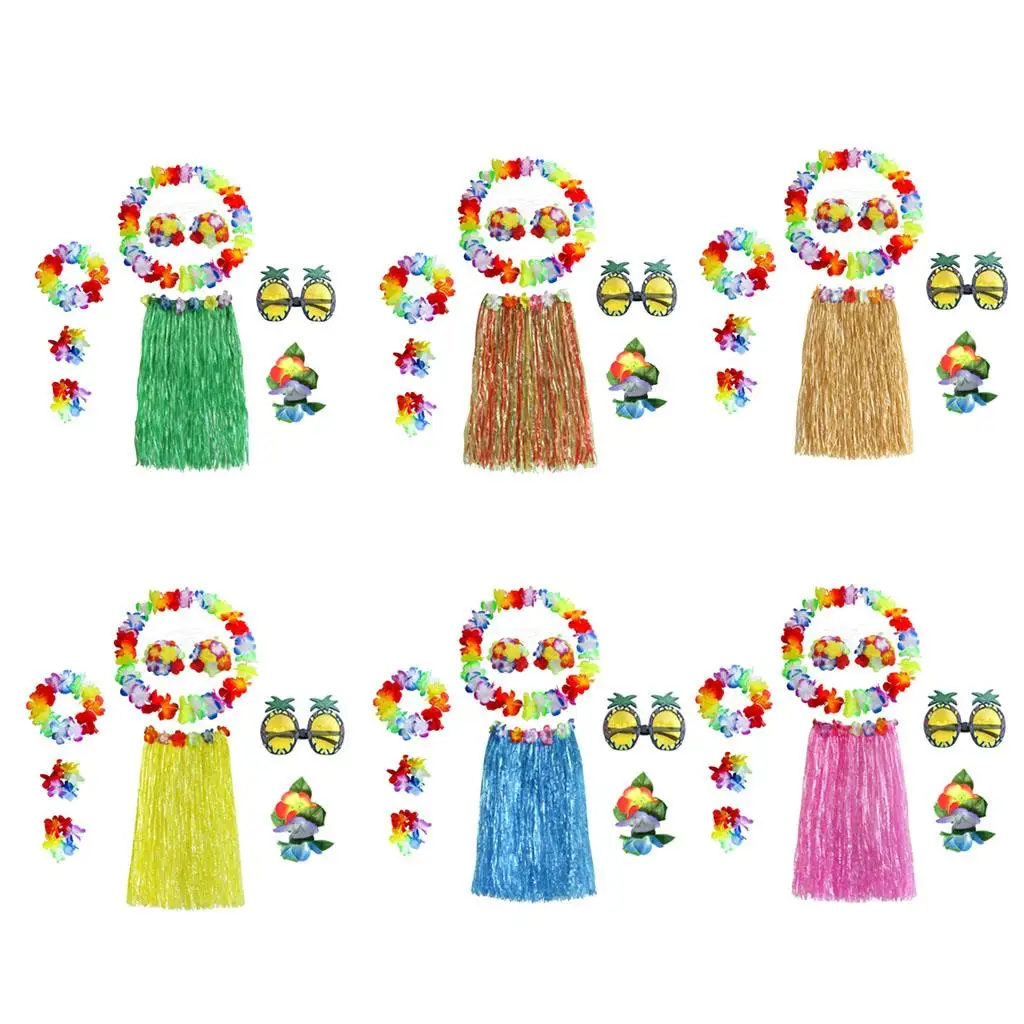 Tropikalny zestaw na hawajskie luau: elastyczna spódnica hula z akcesoriami dla dorosłych i dzieci na imprezy taneczne i na plażę.