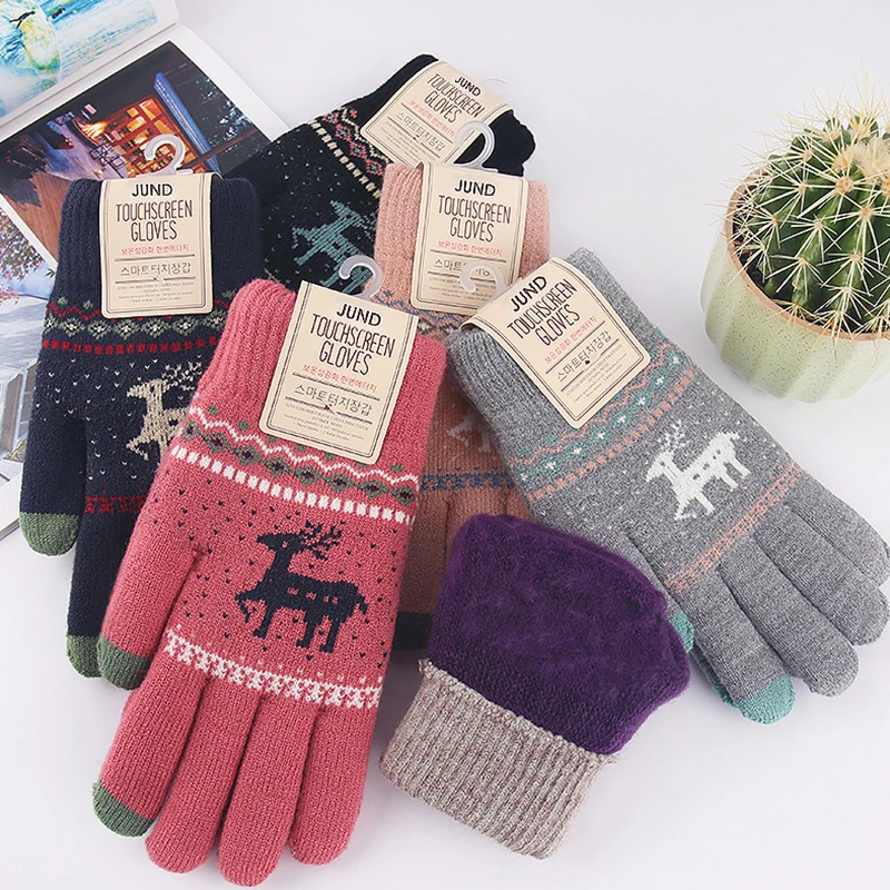 Y2K Christmas Elk Knitted Woolen Gloves Fashion Men Women Full Finger Warm Soft Mittens Touch Screen Warm Gloves Outdoor Cycling