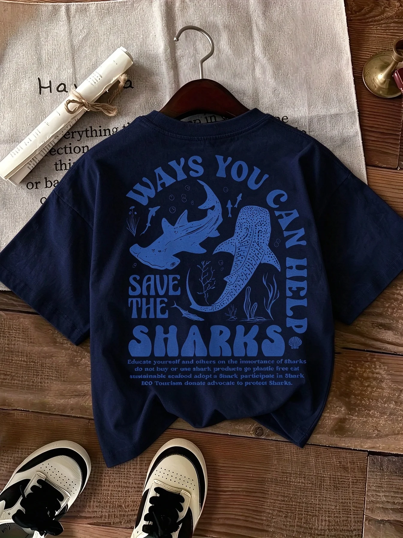 Unisex Save The Sharks Print T Shirt Ocean Animal Casual Back Print Short Sleeve Tops