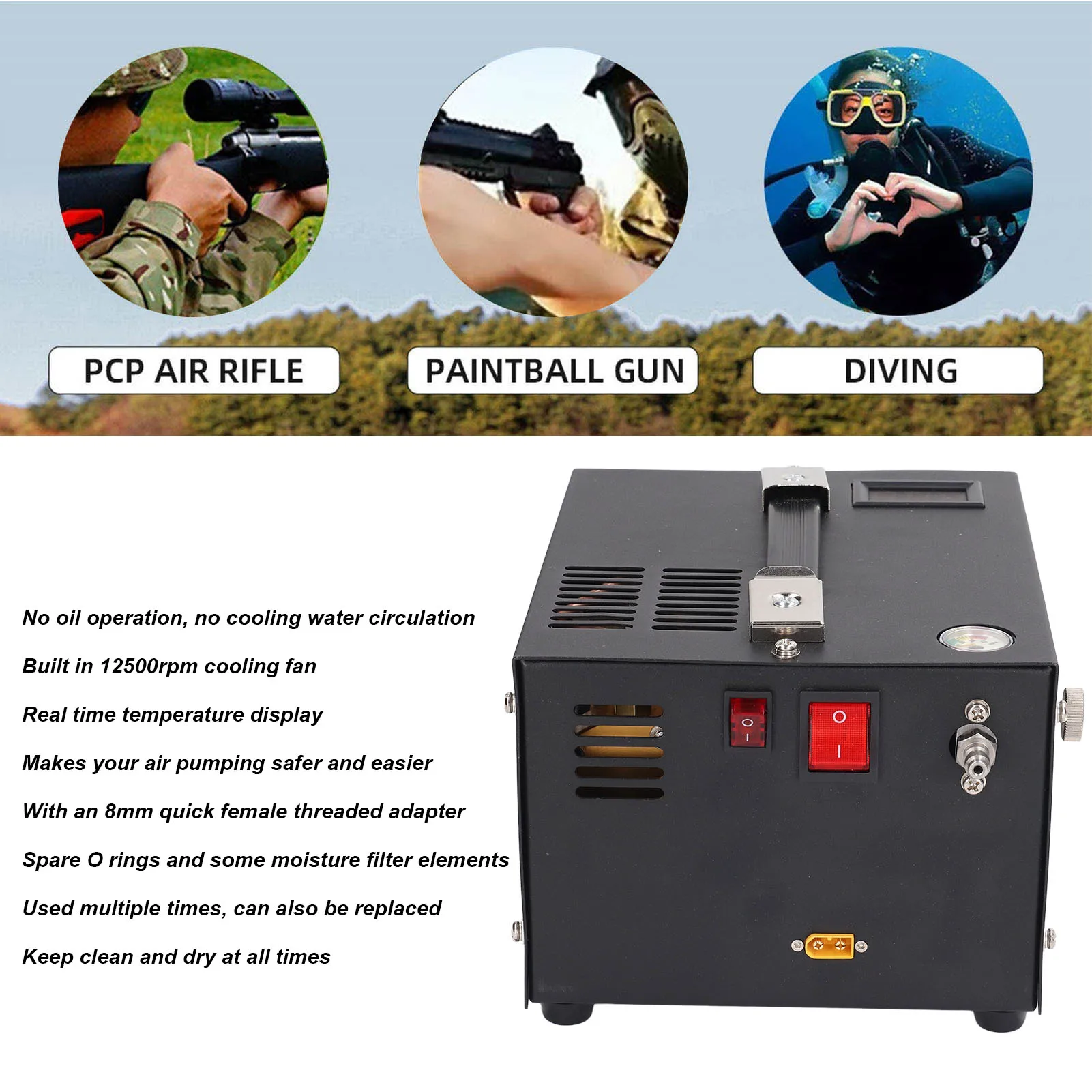 Compressore d'aria Costruito in 12500 giri/min Ventola di raffreddamento Pompa ad alta pressione 12V Olio Senza acqua Pistola portatile Serbatoio Paintball Compressore d'aria