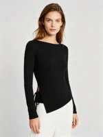 Women Boat Neck Long Sleeve Top, Slim Fit Asymmetric Hem T‑Shirt, Side Tie Cutout Solid Black Casual Basic Tee For Daily Wear