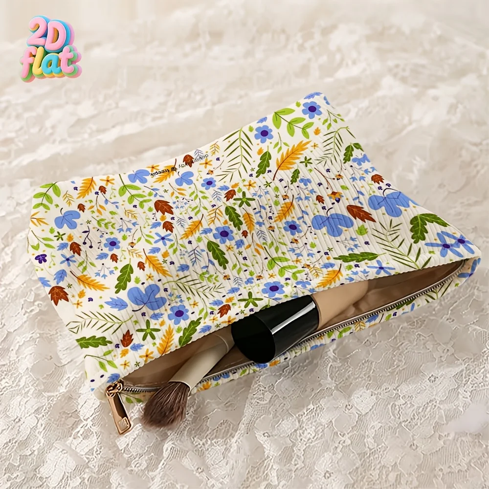 Corduroy Makeup Bag Toiletry Bag Suitable for Storing Small Items & Cosmetics, Compact Zipper Closure Clutch with Floral Bag