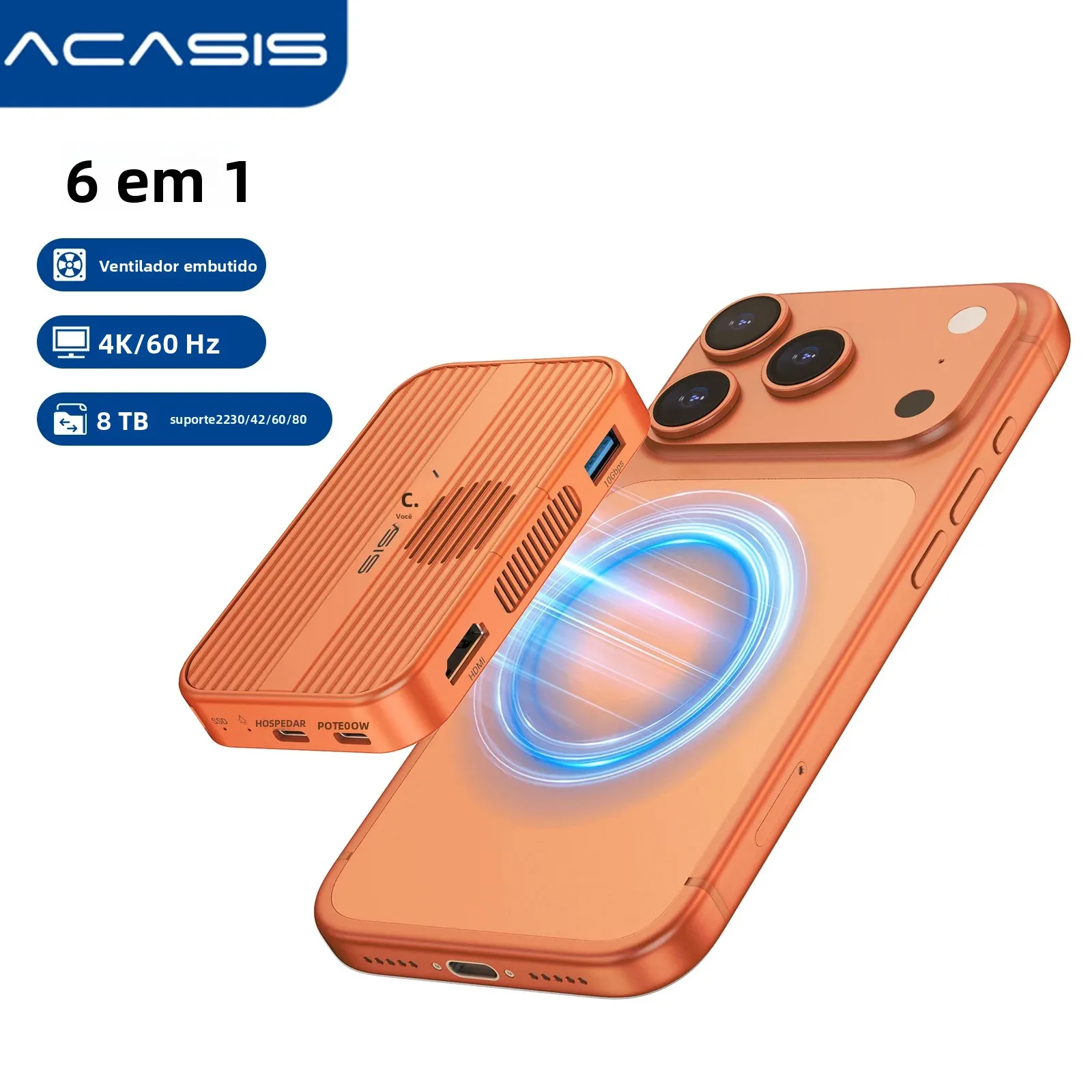 Estação de acoplamento USB-C magnética Acasis 10Gbps PD100W HDMI 4K/60HZ e gabinete SSD 8TB para M.2 NVMe SSD 2280/60/42/30 para iP17/16