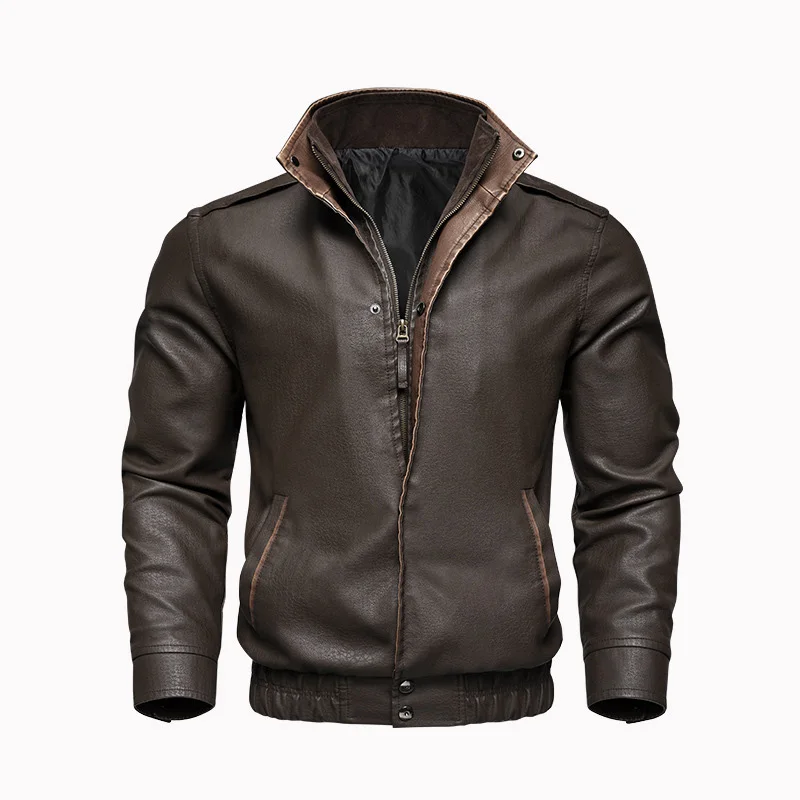 

Autumn Man Coat Vintage Stand Collar Male Motorcycle Leather Jacket Long Sleeve Zipper Windproof Business Casual Men Outerwear