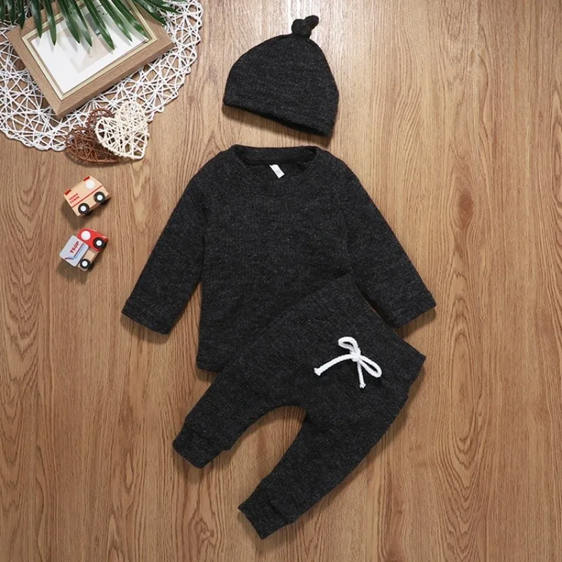 Children\'s Knitting Solid Color Long Sleeve Top Sweatshirt Hat Baby Girl Boy Pants Toddle Three-piece Suits Outfits