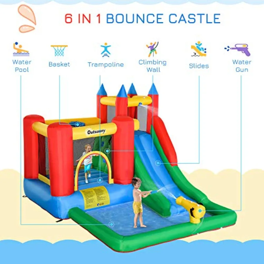 Castelo Inflável 6 em 1 com Escorregador Aquático, Piscina, Canhão de Água, Parede de Escalada e Inflador Incluído para Atividades no Quintal