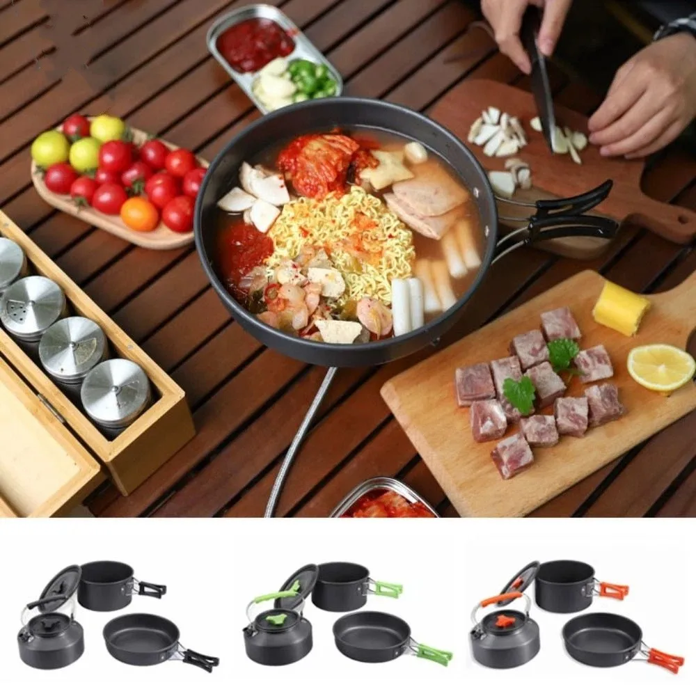

Teapot Combination Camping Tableware Frying Pan Kettle Outdoor Cookware Set with Mesh Bag Reusable Picnic Pot Set Travel Outdoor
