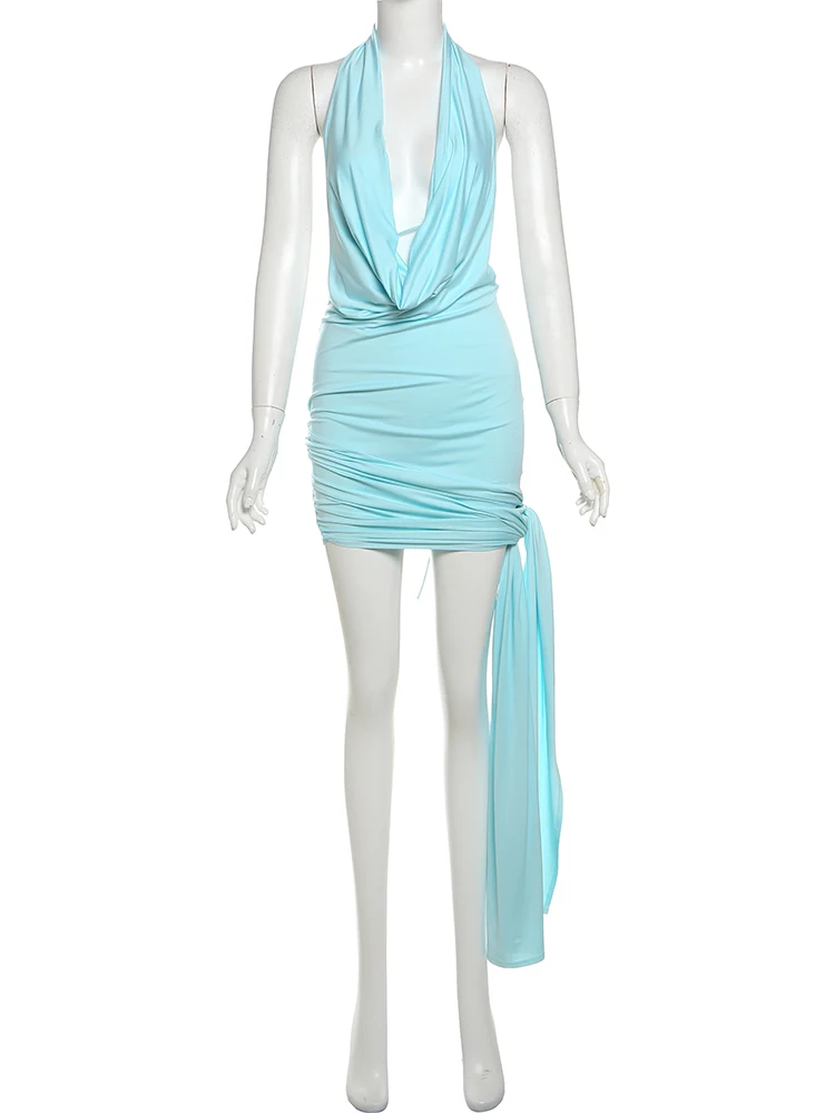 Raar Puss Side Split Sexy Jurk Vrouwen Multilayer Knoop Lint Halter Swing Kraag Backless Mouwloos 2-weg Dragen Trend Bodycon