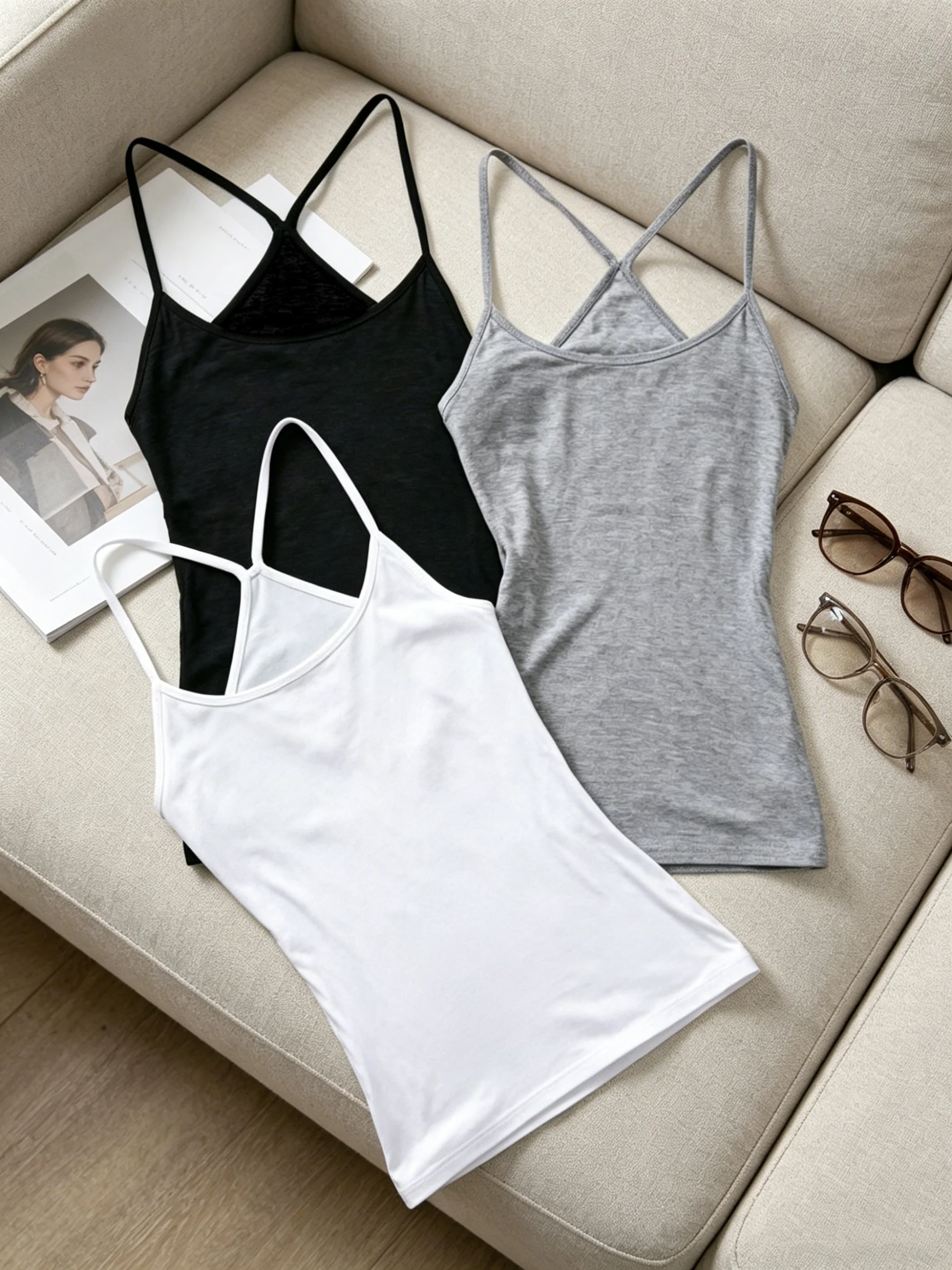 3 Pack Women U Neck Y-Back Spaghetti Strap Camisole Solid Slim Basic Tank Top For Inner Layering Daily Casual Outfit