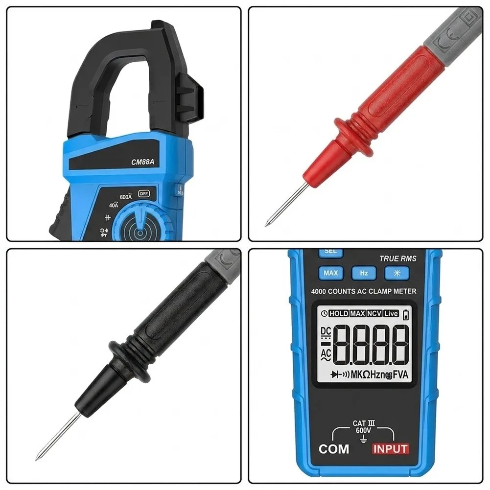 CM88A Digital Clamp Multimeter for Electrical Testing 600A AC Current 600V Voltage Measurement with LCD Display