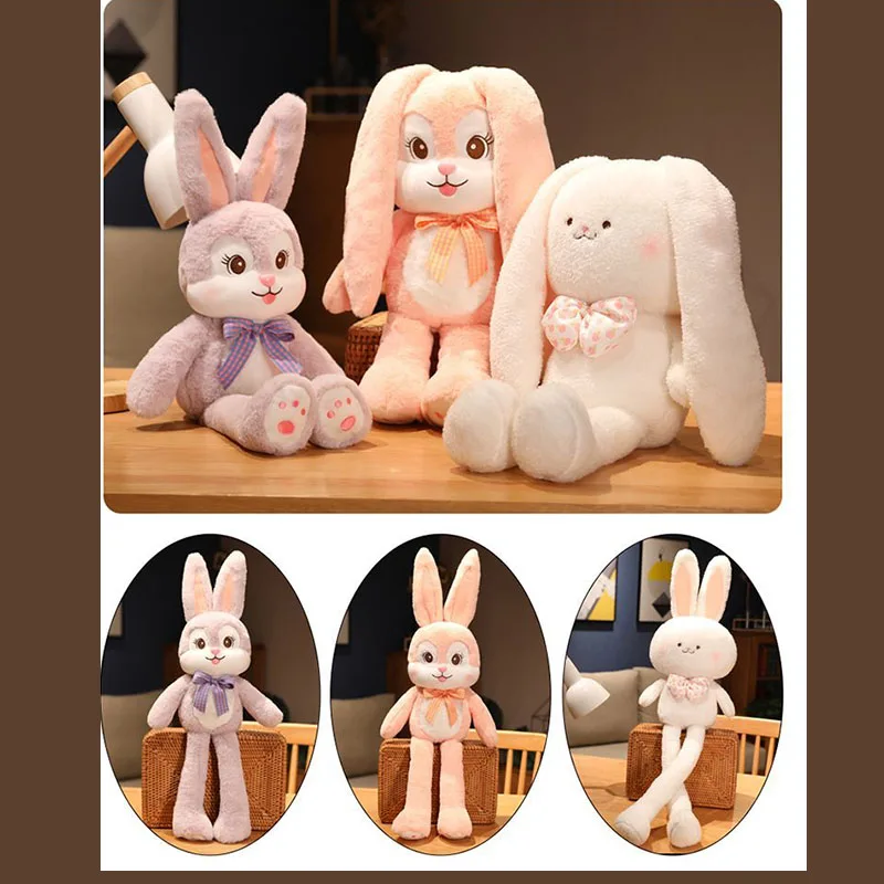 Cute Stretchable Bunny Plush Toy Long Ear Rabbit Stuffed Animal Doll with Bowknot Soft Fluffy Pillow for Birthday Gift HomeDecor