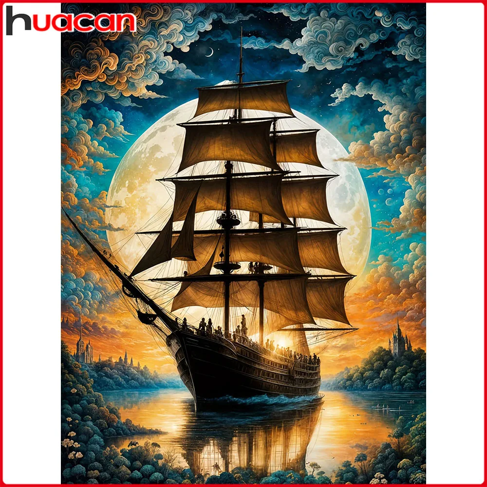 Huacan Vollquadrat Rundes Diamantgemälde Mond Segelboot Diamant Stickerei Landschaft Kunst Wanddekoration