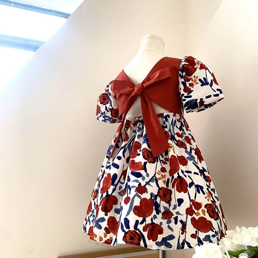Bear Leader Girl Summer Dress Outfits 2023 New Girls Floral Princess Dress Backless Tie Bow Puff Sleeve Fashion Dress for 3-11 Y
