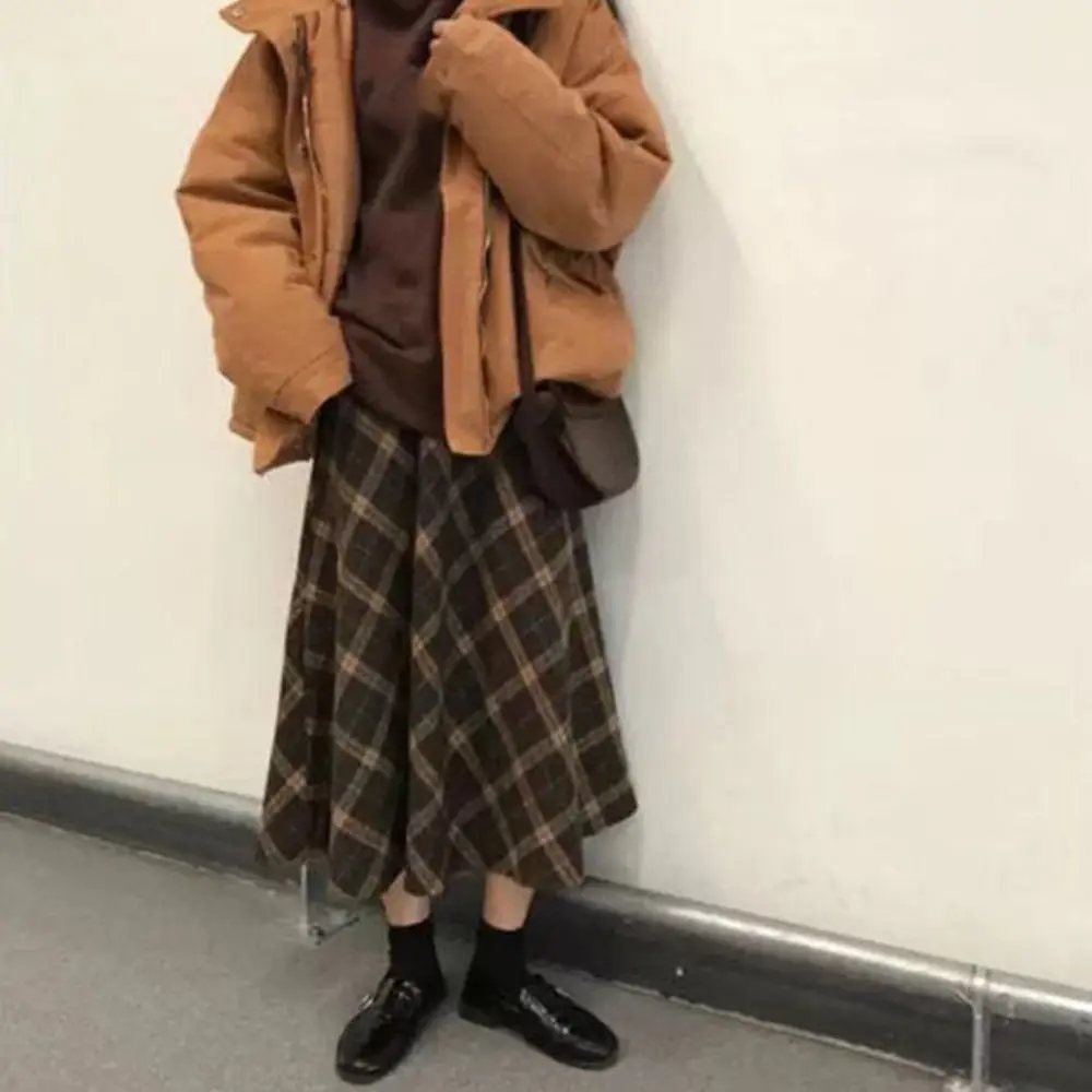 Mode Hohe Taille Retro Plaid Rock Slim Fit Winter Autumu Hohe Taille Langen Rock Klassische Adrette A-linie Halbe Kleid Party