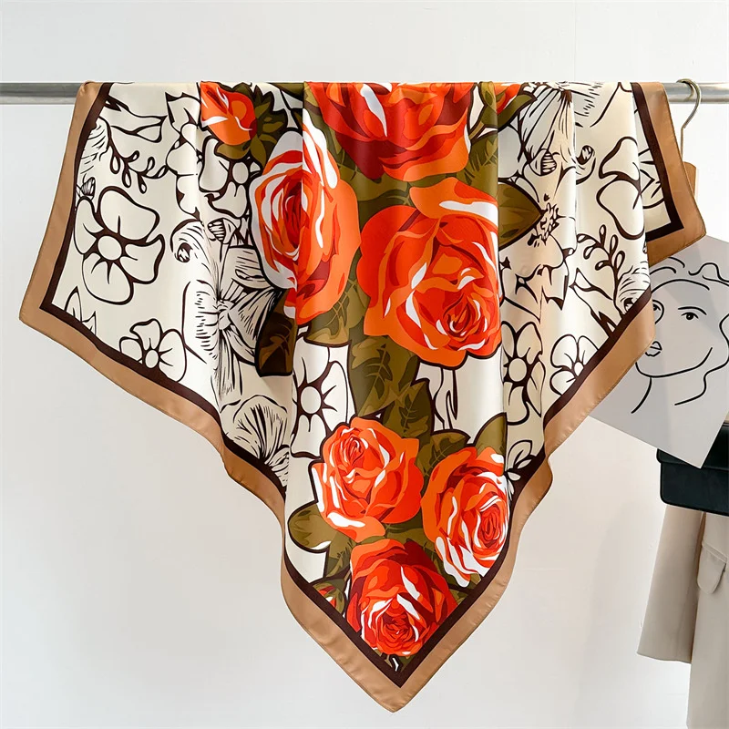 New Rose Printed Designer Large Square Scarf Spring and Autumn Warm Floral Scarf Twill Silk Head Scarf Women 90cm Shawl Luxury