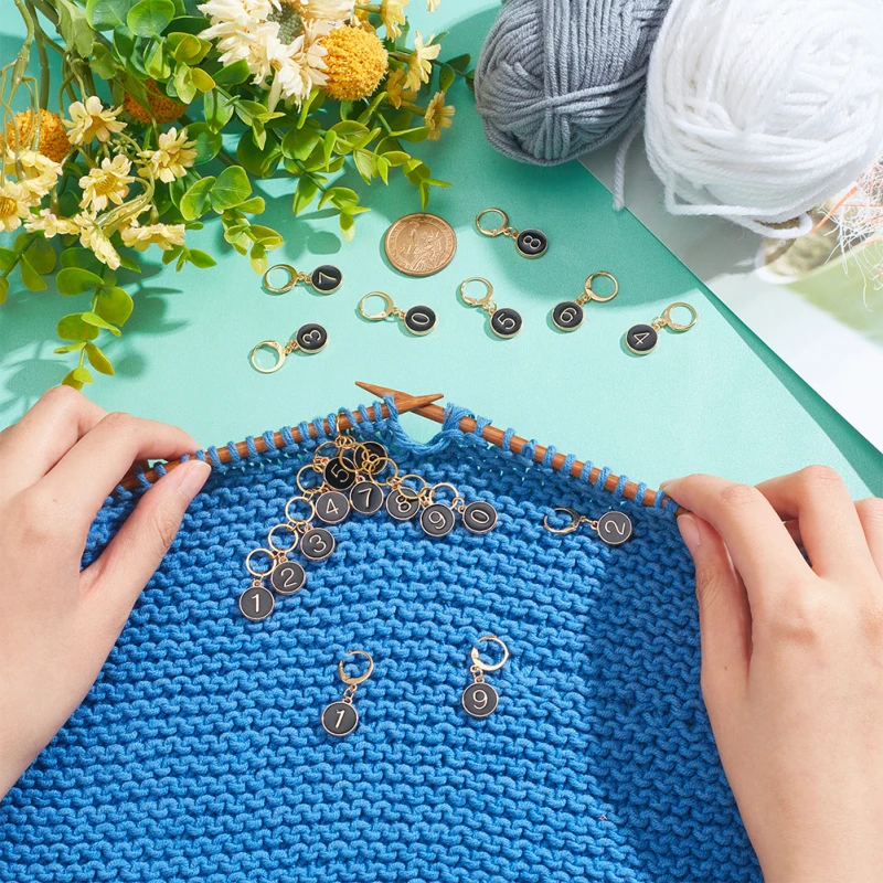 1 Pcs 0-9 Number Knitting Row Counter Chains and 10 Pcs Stitch Markers Alloy Enamel Stitch Marker for Knitting Weaving Sewing