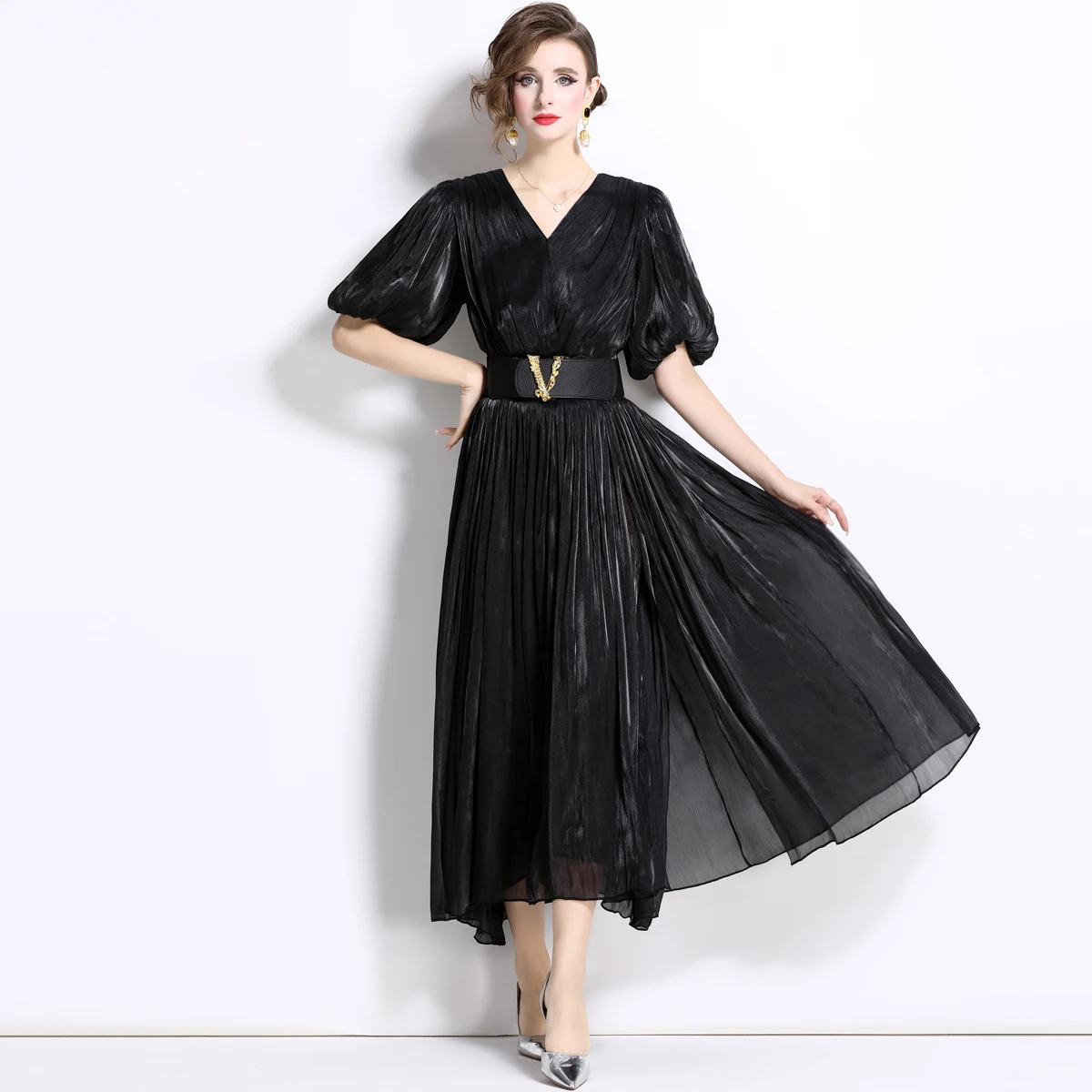 French Luxury Folds Wedding Formal Occasion Dress Women\'s V-Neck Puff Sleeve Belt High Split Pleated Shine Robe Clothes Holiday