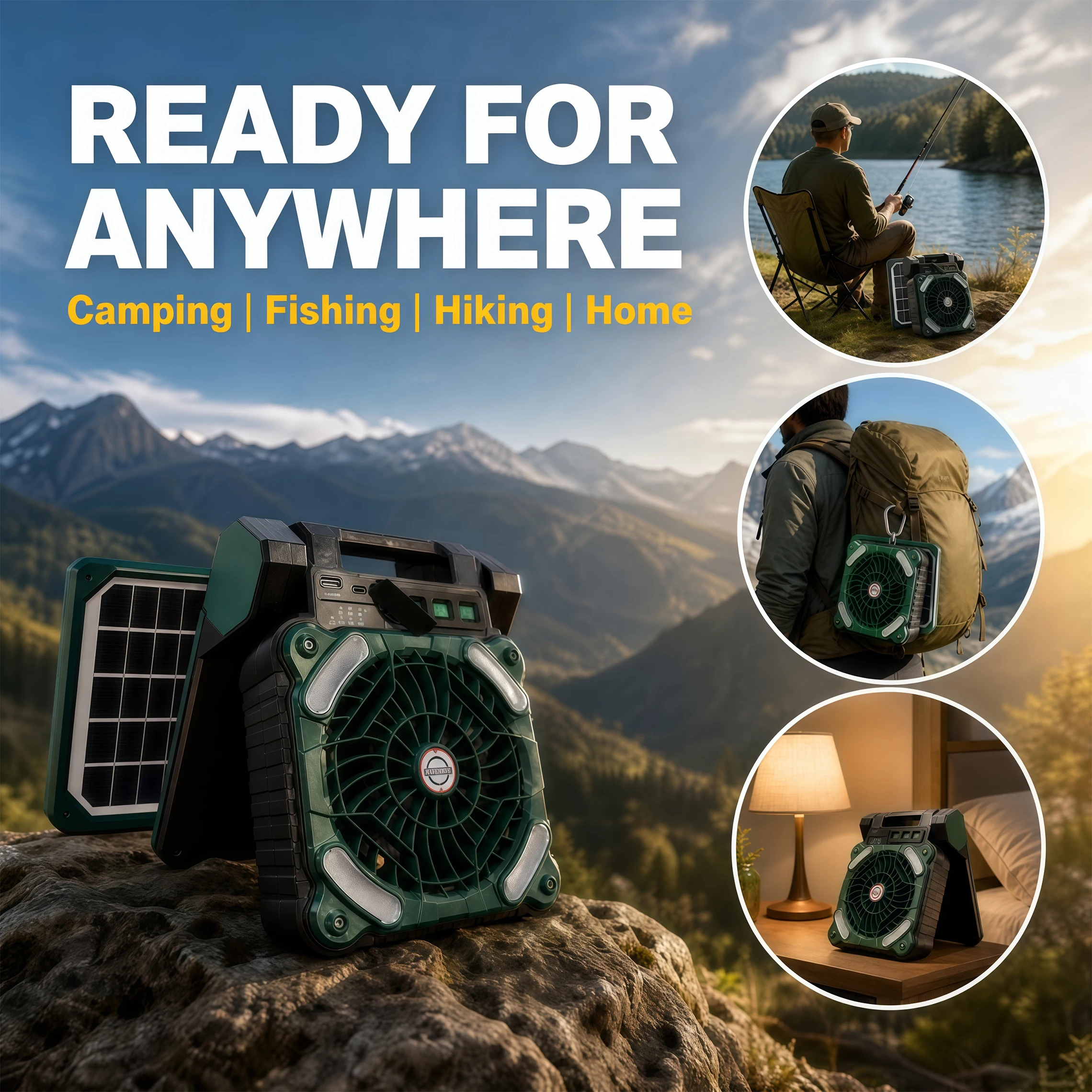 Dual solar panel outdoor camping fan light, foldable and portable USB fan, made of ABS material, supports dimming, speed adjustment, and timing functions, can provide emergency charging for mobile phones, suitable for use in camping, travel, RVs, fishing, and other scenarios