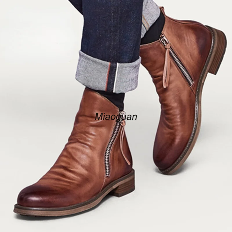 Men's Boots Fashion Chelsea Boots Leather Ankle Boots Double Side Zipper Non-slip Shoes for Men Platform Boots Zapatos De Hombre