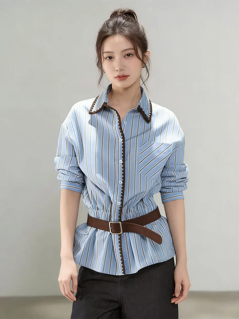 

American Retro Striped Long Sleeve Shirt Women's Loose Waist Design Autumn Fashion Open Cardigan Top Polyester Fiber Casual Wear