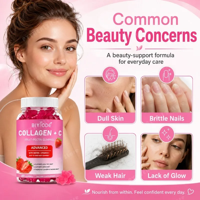 Collagen Biotin Gummies Supports Healthy Hair Skin Nails Strawberry Flavor – 60 Count – Beauty Supplement
