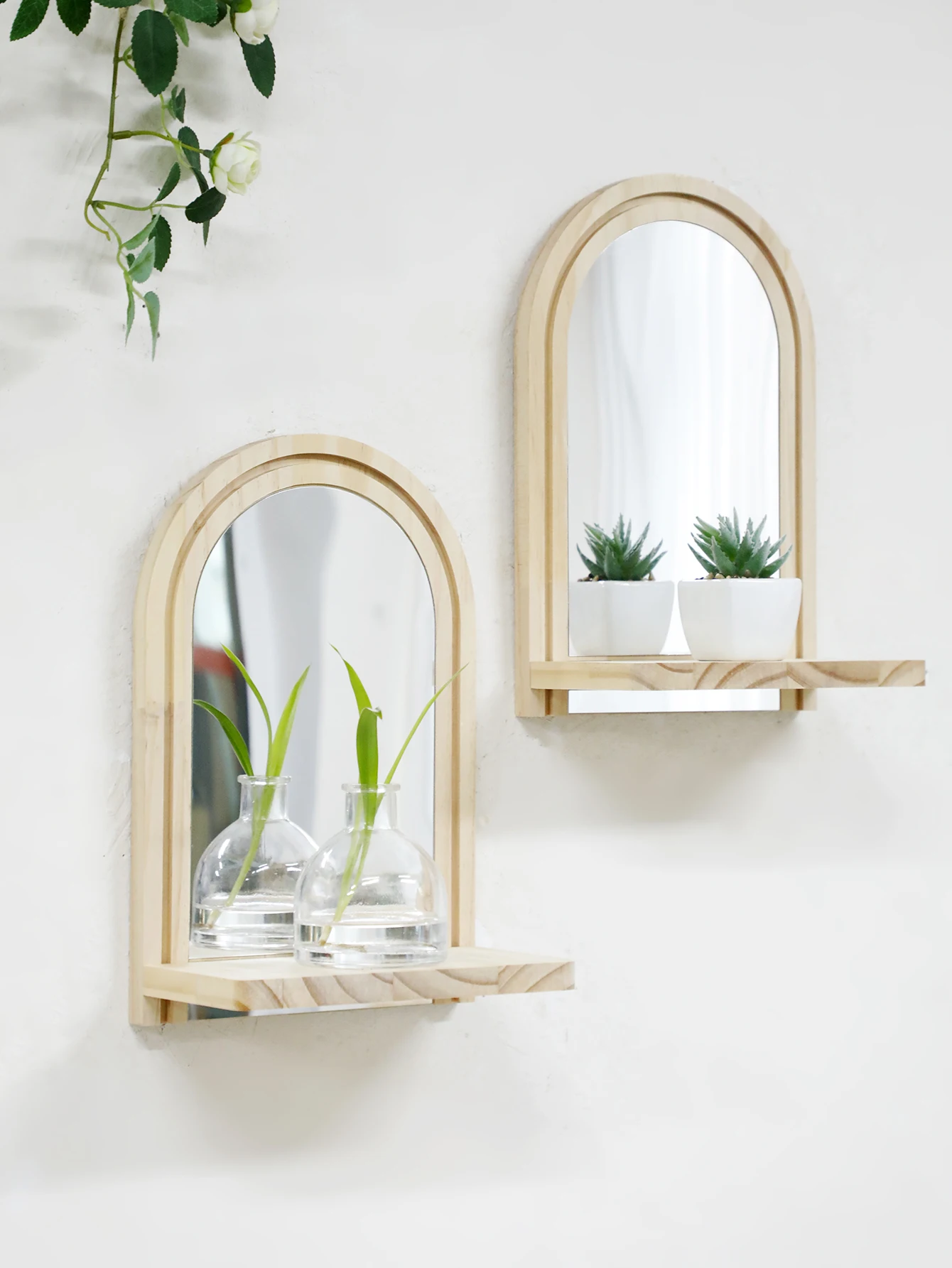 Arched Wall Mirror with Shelf, Natural Wood Hanging Mirror for Storage, Boho Decor for Makeup&Plant, Bathroom&Bedroom Wall Decor