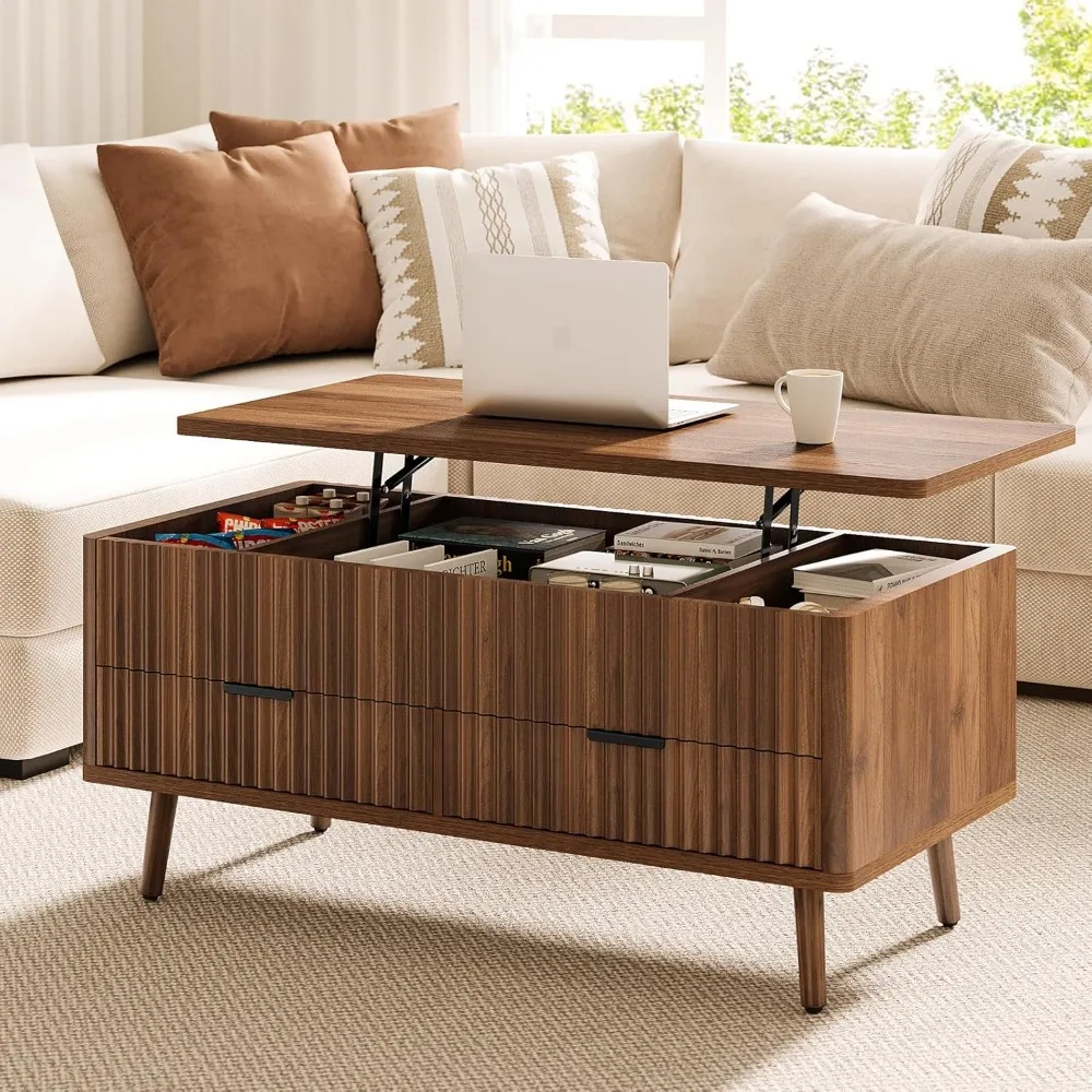 

Lift Top Coffee Table with Storage - Fluted Wood Coffee Tables for Living Room with Drawers & Hidden Compartment, Mid Century Mo